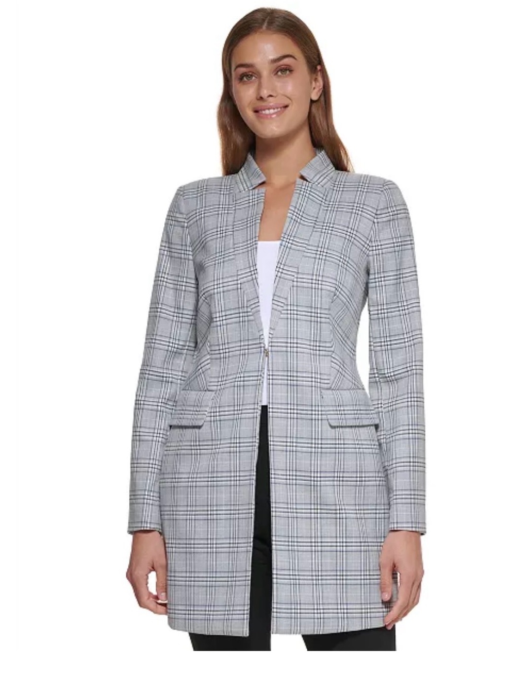 DKNY Gray Plaid Longline Blazer Jacket